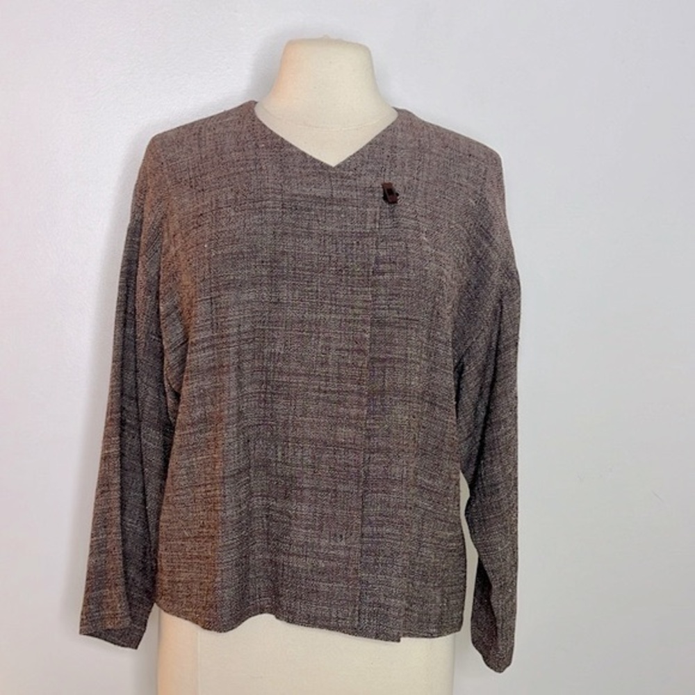 Eileen Fisher burgundy Linen Lagenlook Minimal Wrap collarless blazer small